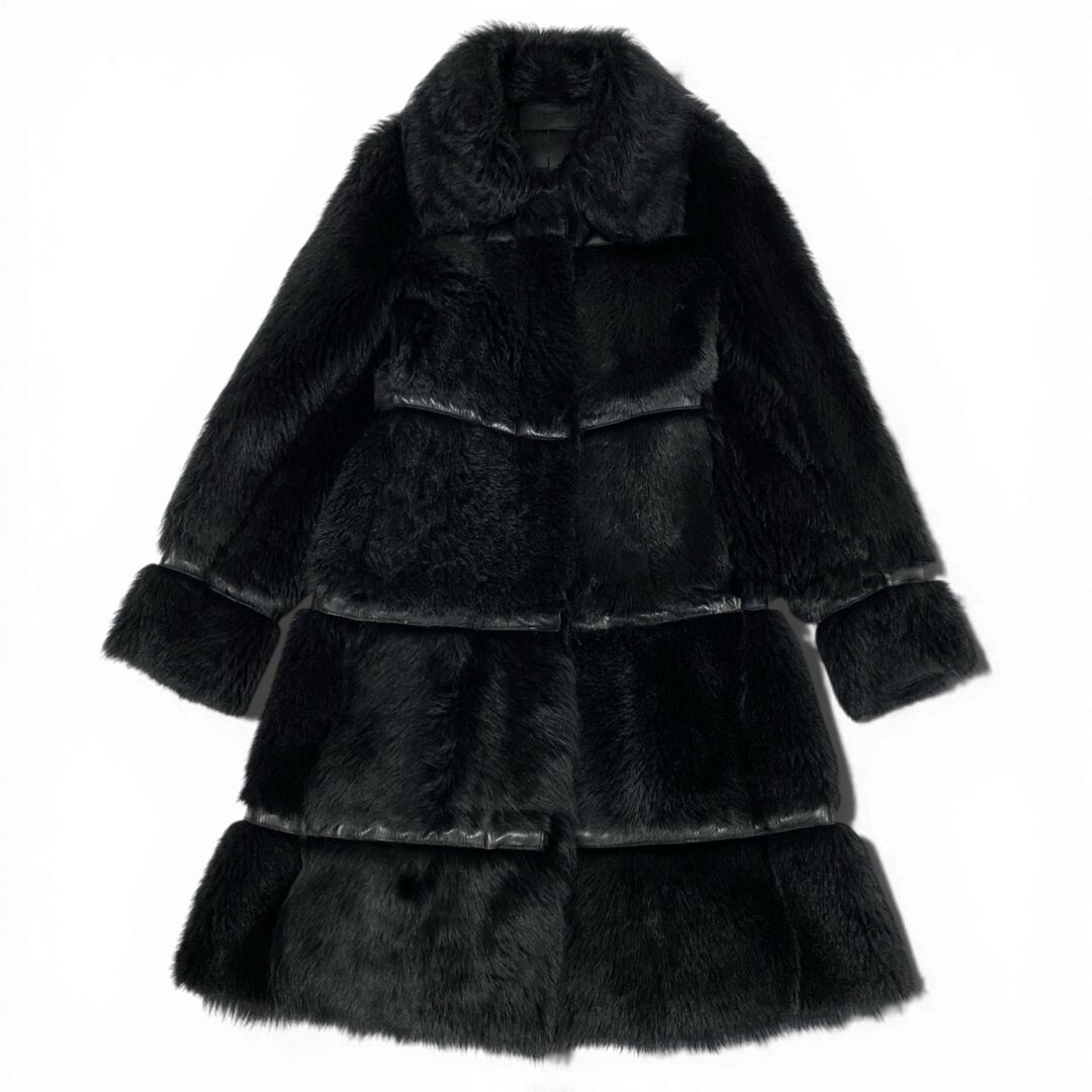 38b9 Vintage PRADA Real Fur Coat Mouton Leather Long Black Sheep Used AYAN-0 thumbnail 2