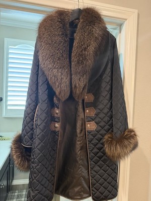 M. Miller Women's Quilted Fur Trim Full Zip Coat XS Black/Brown