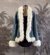 Epic Miss Posh Vintage Denim Jacket Afghan Coat Faux Fur Boho Penny Lane Y2K L