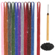 12-Color Hair Tinsel Kit with 2400 Strands and Tools for Festive Hair Extensions