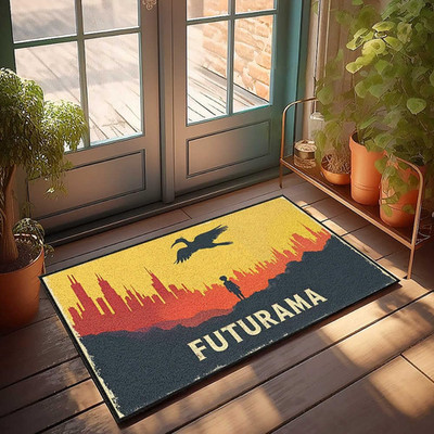 Bathroom Mats Futurama: a Boy, Bird, and Cityscape - Shaggy Soft Rug, Welcome Fr