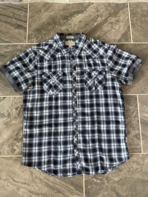 Eighty Eight Men's Size Large Western Shirt Blue Plaid Snap Button Patch Pocket