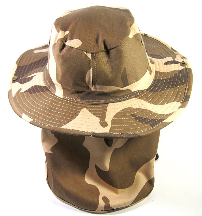 New Deluxe Brown Camouflage Aussie Bush Hunting Boonie Safari Hat With Neck  Flap
