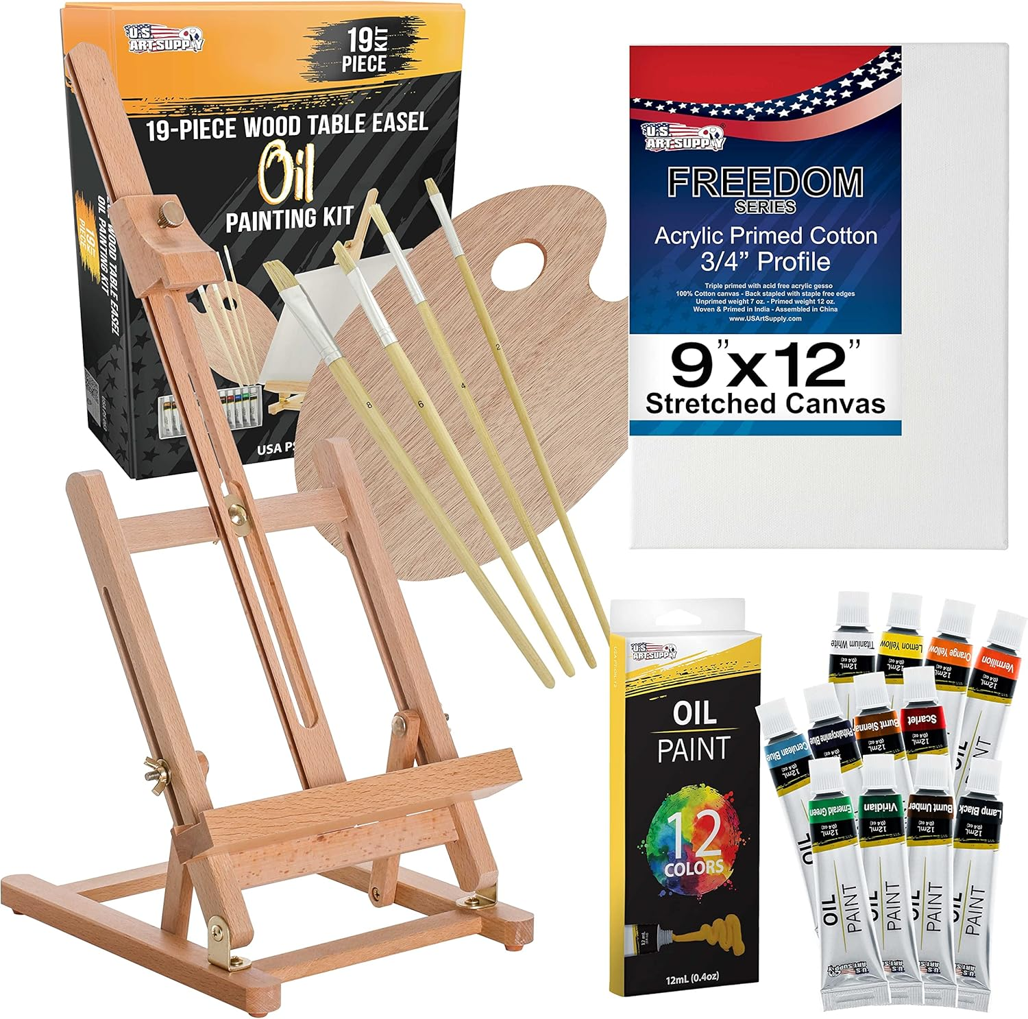 U.S. Art Supply 19-Piece Artist Oil Painting Set with Wooden H-Frame Studio Ease
