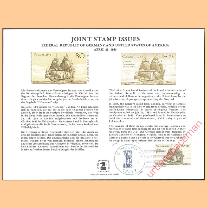 PS43 German Immigration USPS Souvenir Card 2040 Joint Issue Concord PA UO Cancel