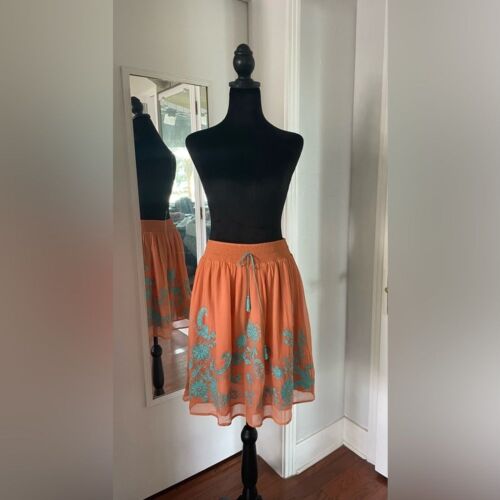 Sundance embroidered silk skirt coral and turquoi… - image 1