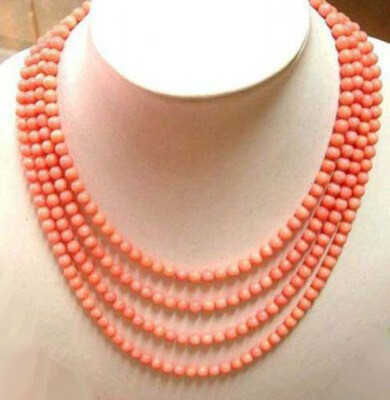 Natural Genuine 4 Row AAA+ 6-7/7-8mm Pink Coral Gems Round Beads Necklace 17-20''