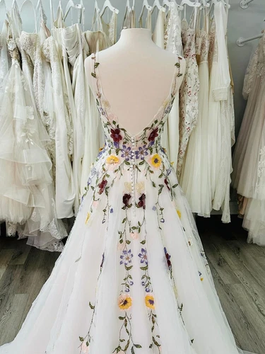 Wedding Dress Boho Fairy A-Line Florals Rustic Country Bridal Gowns Tulle Bride - Picture 5 of 12