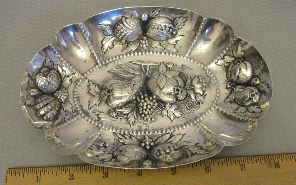 Antique Germany 800 Silver Repousse Fruit Dish Bowl crescent crown hallmark 8" - Image 3 of 4