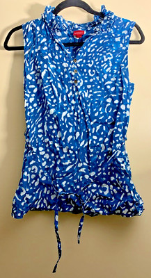 Womens Small S Tank Top Merona Tie Waist Ruffle Collar Three Button Blue White
