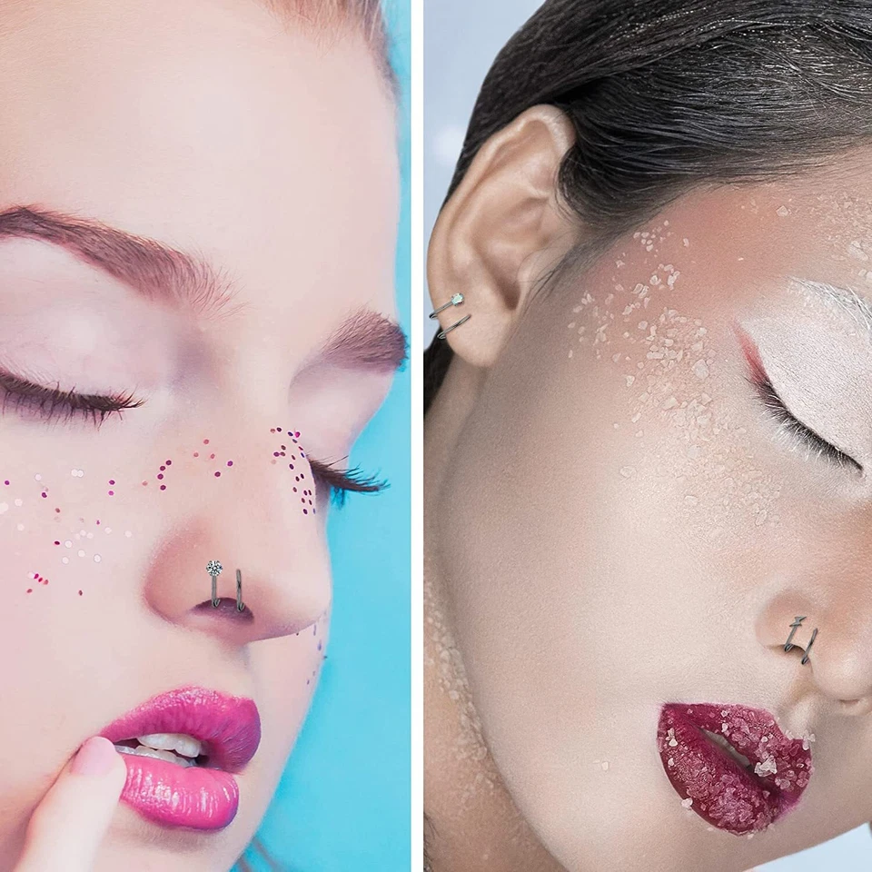 1Pair Twist Nose Rings Hoop Surgical Steel Double Hoop Spiral Nose Ring Tiny 20G - Image 3 of 4
