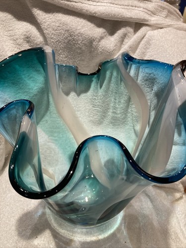 Royal Gallery Poland Teal Vase Handkerchief Ruffle Hand Blown Glass Lg Vase 12" - Picture 7 of 24