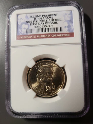 2007 P $1 NGC Graded Second President John Adams Brilliant UNC. FDI