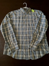 Eddie Bauer Mens L TALL Classic Fit Woven Shirt Blue Grey Plaid Button Up