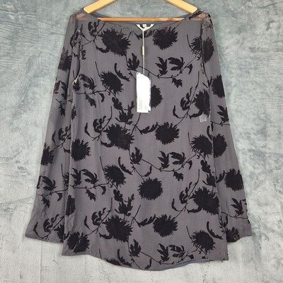 Womens Top Large Gray Italy Silk Blend Whimsigoth Floral Velvet Burnout Tunic