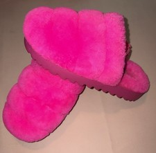 UGG Women's Size 6 Super Fluff Faux Fur Slide Slippers Logo Strap Neon Pink