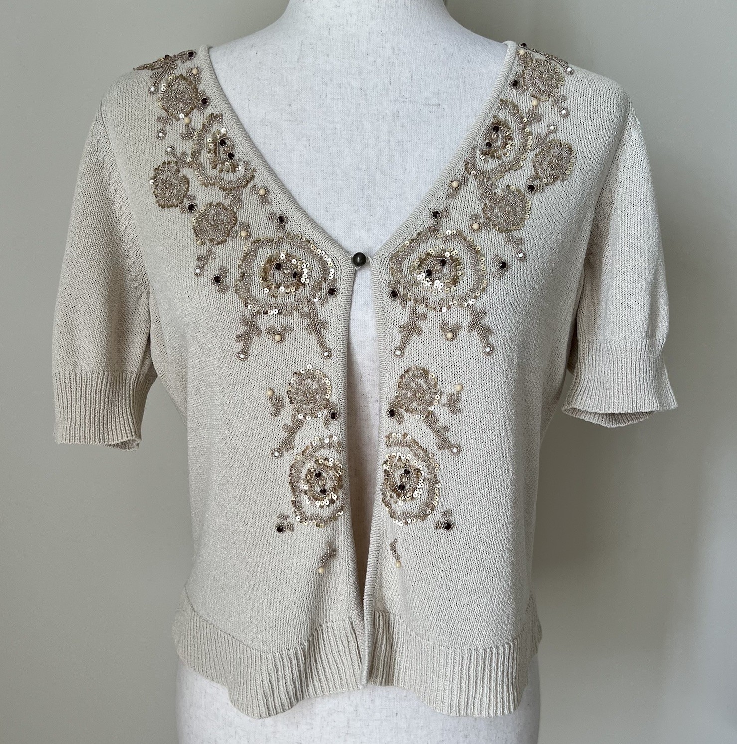 Ann Taylor Womens Embellished Cardigan Sweater M Short Sleeve Y2K Silk Coquette