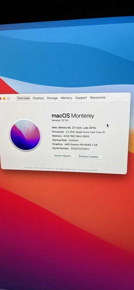 Apple iMac A1419 27" 3.2GHz Core i5 8gb RAM 1TB LATE 2015 MK462LL/A RETINA 5K - Image 2 of 2