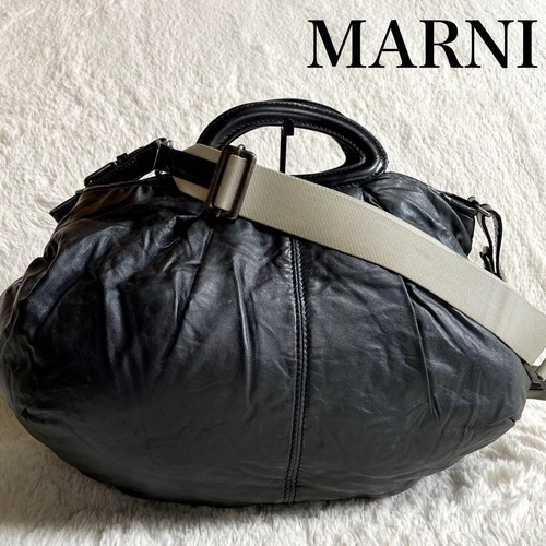 Marni Balloon 2Way Handbag Tote Shoulder Bag Purse Leather Black Used