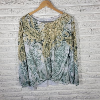 Time & Tru Women's XXXL 22 Tee Green Paisley Rhinestone Long Sleeve Plus T Shirt
