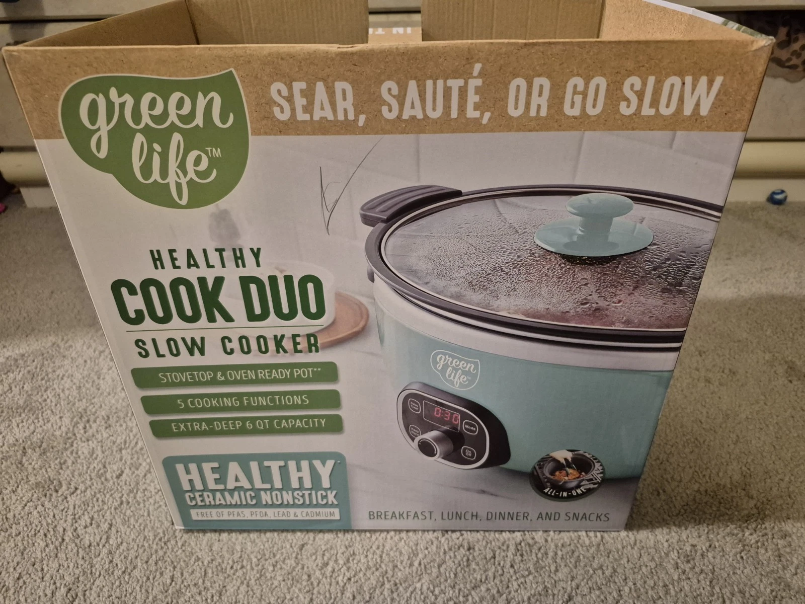 GreenLife Cook Duo 6 qt Light Blue Ceramic Nonstick Slow Cooker, 5 Functions