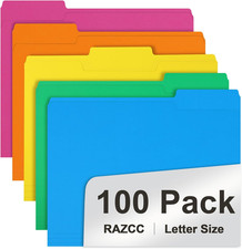 File Folder, 100 Pack 1/3 Cut Tab Colored File Folders, File Folder Letter Size