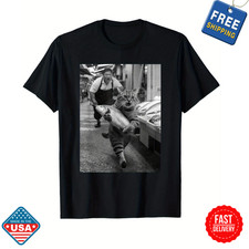 Funny Cat Steals Fish Market Black  White Meme T-Shirt  Unisex Cotton Inspired
