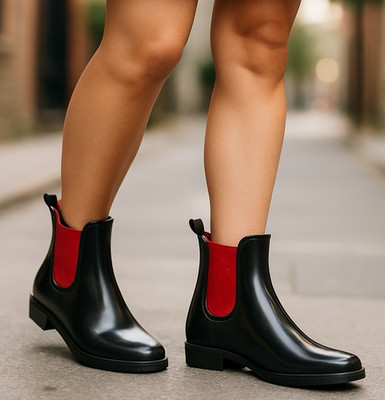 Ralph Lauren Tally-Bo-Rai Black & Red Rain Boots W/Elastic Ankle Patch Size 5B