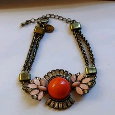 Charming Charlie Orange Adjustable Bracelet Brass Hardware Crystal Free Gift Bag