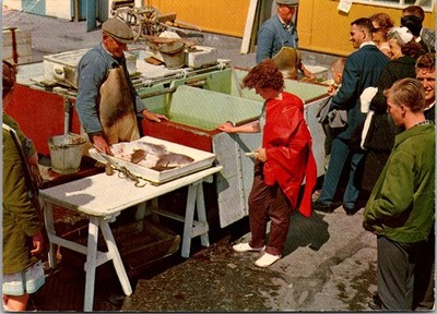 Bergen Norway Fish Market with Vendor and Customers Continental Postcard C040