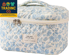 Large Travel Quilted Makeup Bag for Women, Floral Cotton Cosmetic Bag, Coquette