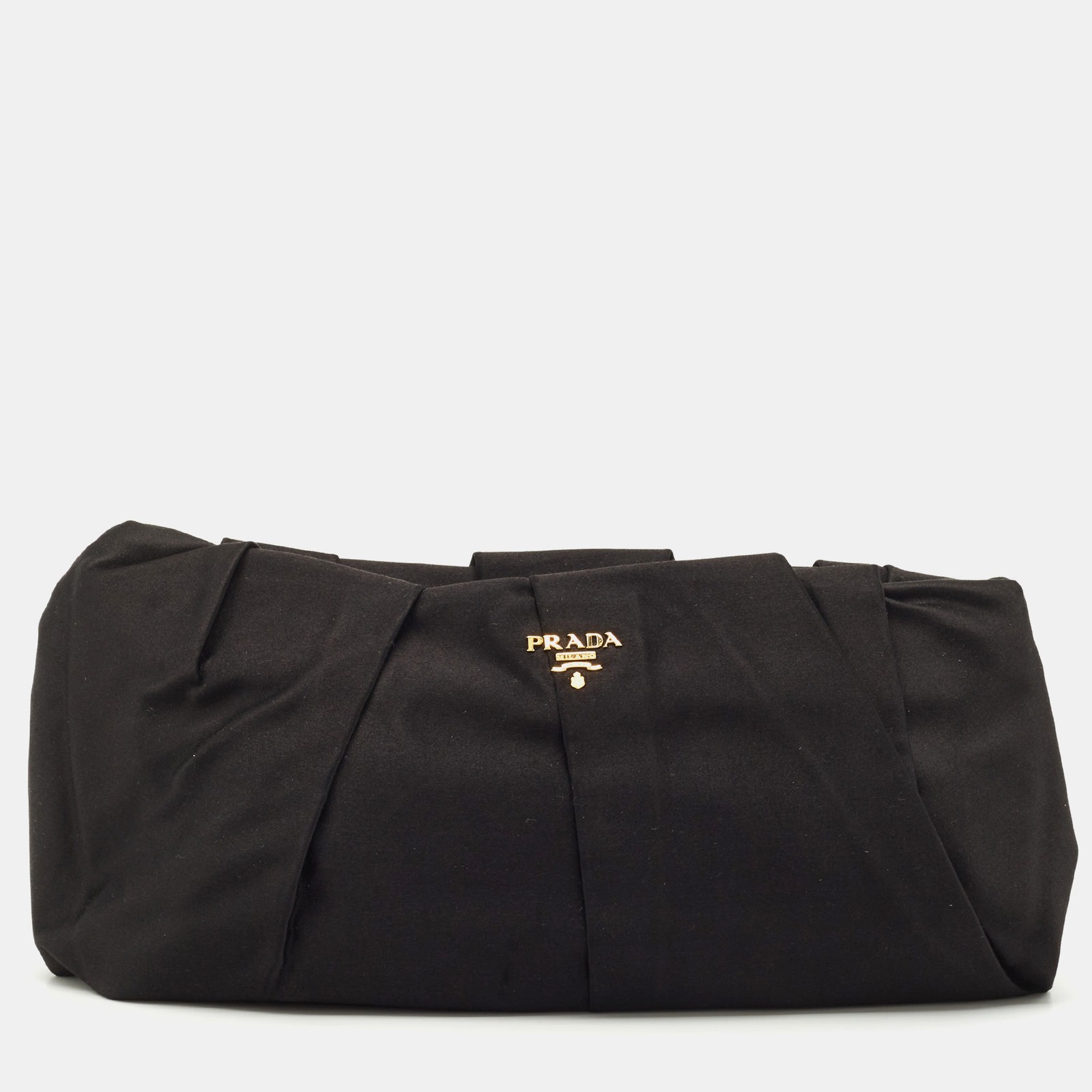 Prada Black Satin Pleated Frame Clutch Bag with Gold Hardware