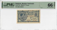Belgium 1 Franc 1920-22, PMG 66 EPQ,  Banque Nationale  Pick# 92