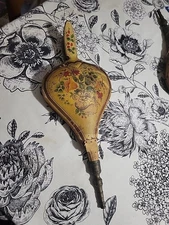 READ Antique Hand Painted Wood Brass and Leather Fireplace Fire Bellows Flowers