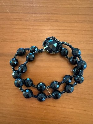 Vintage Black Glass Jet Beads Double Strand Beaded Bracelet 9 1/2 Inches
