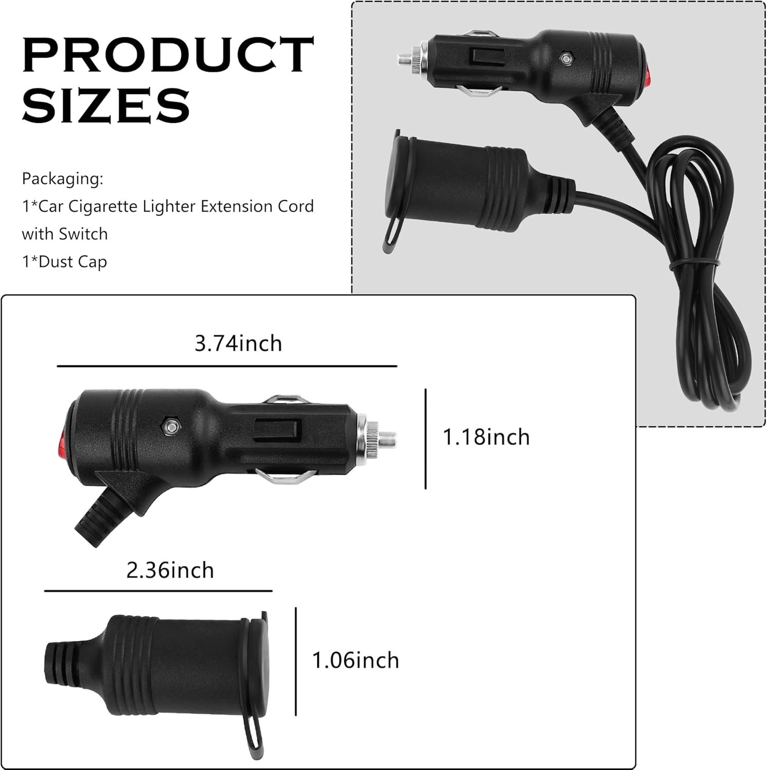 3Ft Car Cigarette Lighter Extension Cord with On Off Switch & Dust 1 Tuo 1 or 2
