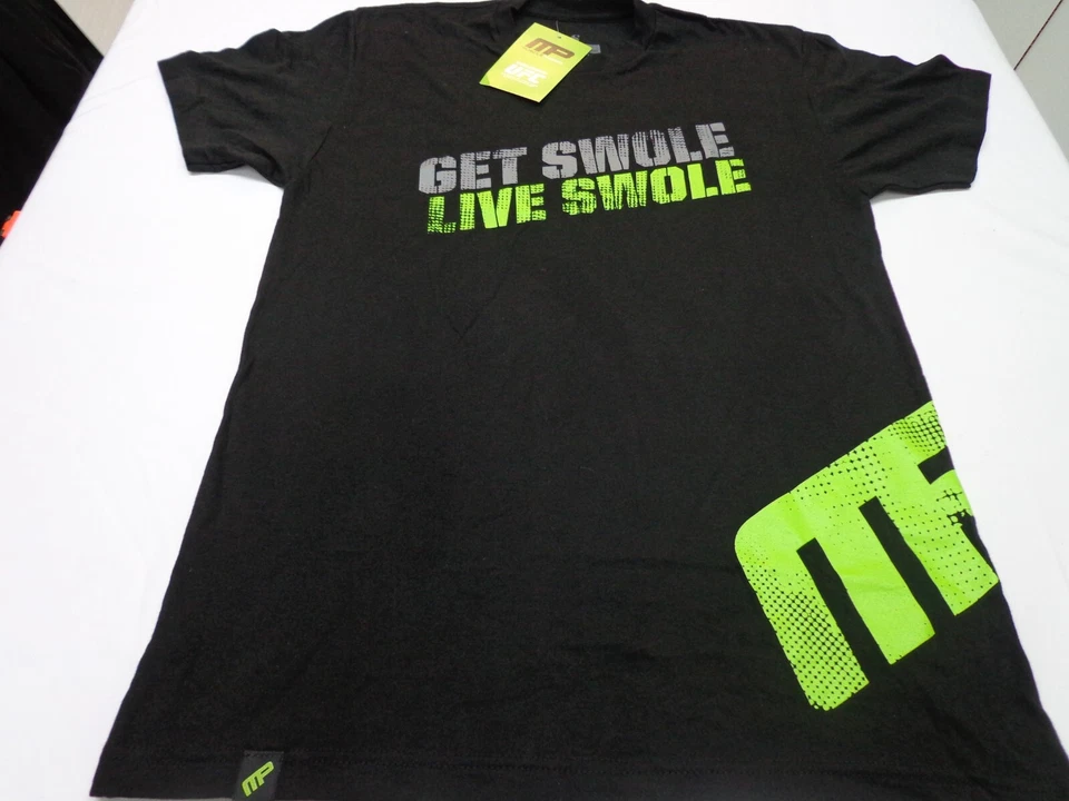 Camiseta Negra Muscle Pharm MP 'Get Swole Live Swole' Pequeña NUEVA con DEFECTO Foto 3 de 4