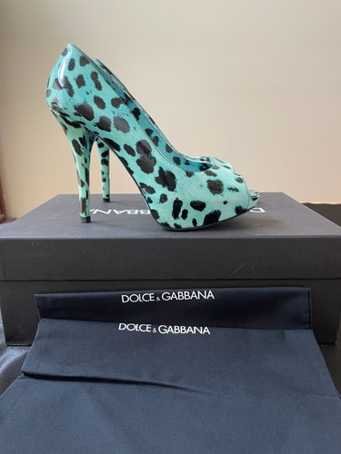 Dolce & Gabbana Greenish-Blue Leopard Print Leather Platform Peep-toe Pumps 36 - Picture 3 of 10