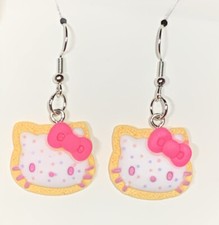 Silver Hello Kitty Cookie Pink Bow Drop Dangle Earrings 