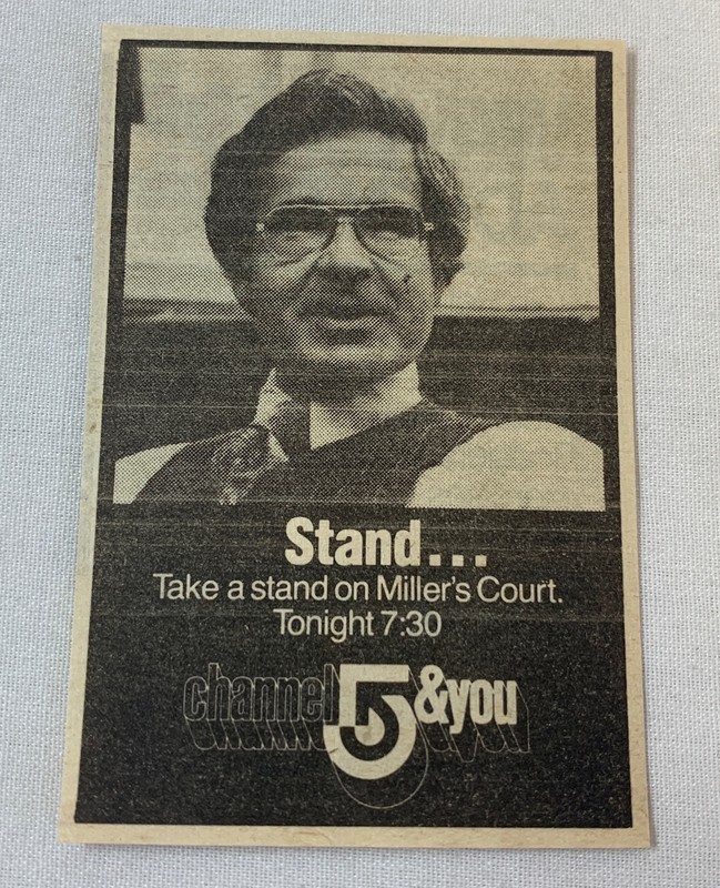 1979 small Channel 5 tv ad ~ MILLER'S COURT Arthur R Miller