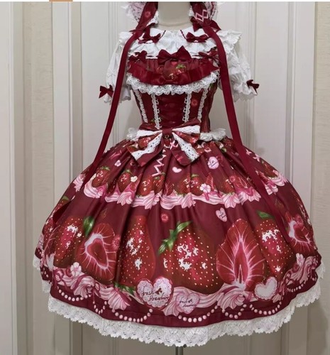 Women's Lolita kawaii Strawberries ruffled jsk bow suspender dress Japanese - Picture 6 of 26