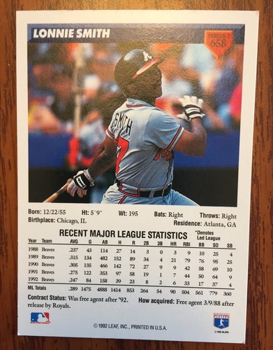 1992 DONRUSS LONNIE SMITH BASEBALL TRADING CARD SERIES 2 #658 ATLANTA BRAVES - Picture 2 of 2