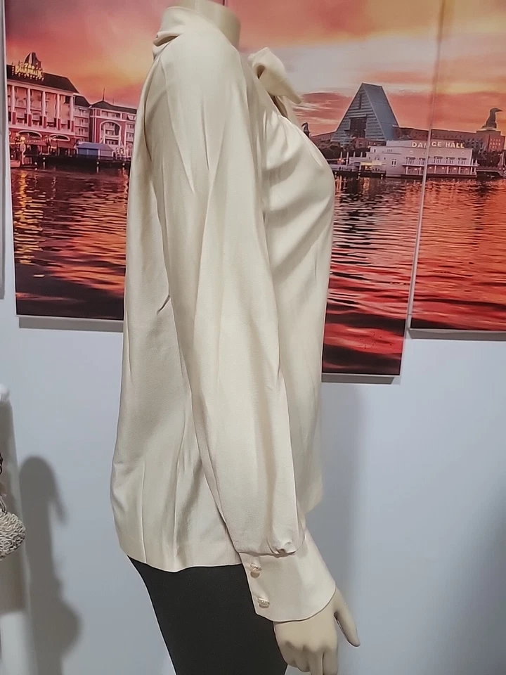 Lee Mar VINTAGE Qiana Nylon Para Mujer L? Blusa top beige manga larga con lazo delantero #C Foto 4 de 4