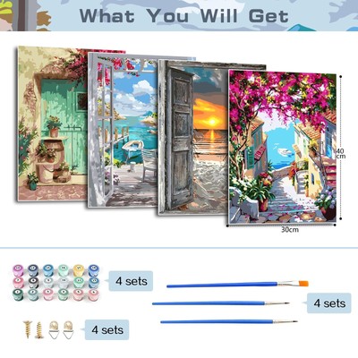 Kit Peinture Par Numéros Adultes Débutants - 4 Tableaux Fleurs 20x30cm Avec Cadre, Peintures Et Pinceaux - 10