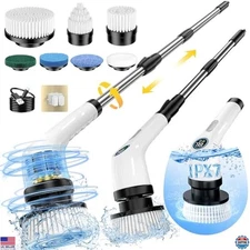Electric Spin Scrubber with Long Handle, 7 Brush Heads, Waterproof, 2 Speeds