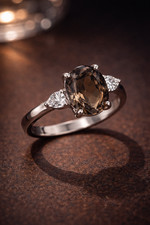 Natural Smoky Quartz  Cubic Zirconia 925 Sterling Sliver Oval Shape Ring