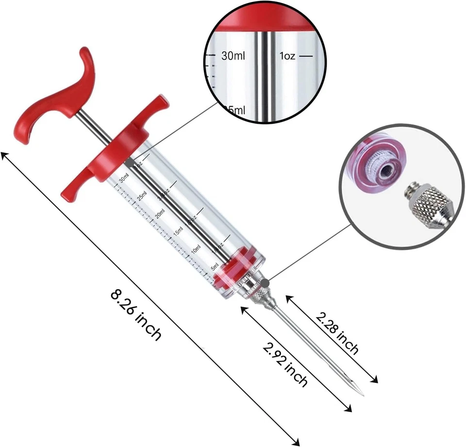 Jeringa inyectora de carne 1 oz con 2 agujas de acero inoxidable para barbacoa de adobo y pavo Foto 3 de 4