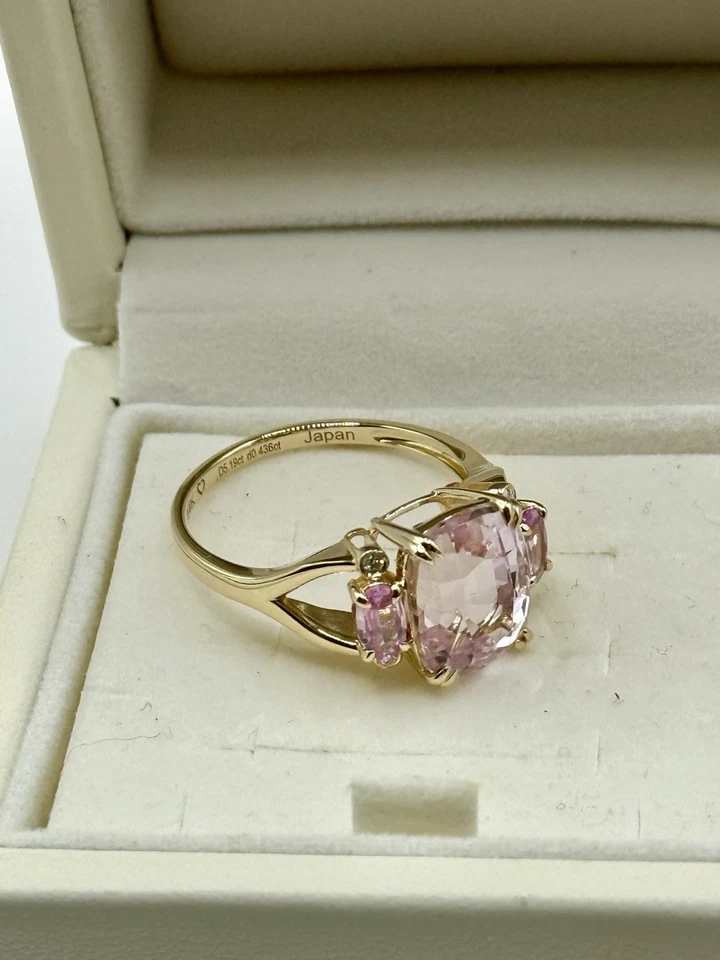 Новое без ценников помолвочное кольцо из золота 14 карат с кунцитом и розовым сапфиром/подлинными бриллиантами 5,19 карата 7 - Изображение 4 из 4