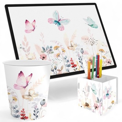 itenga Schreibtischunterlage Stiftehalter Box Papierkorb Eimer Set SCHMETTERLING