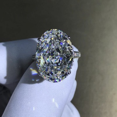 RARE 10 Ct Oval White Treated Diamond Ring, 925 Silver, Excellent Luster